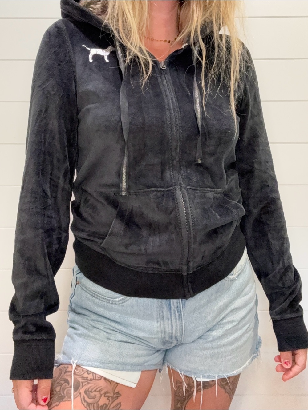 Y2K Pink Velour Full Zip Fur Hoodie Jacket - Picture 3 of 8